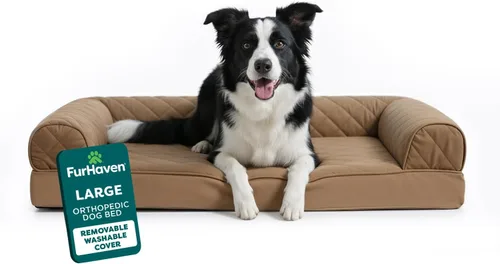 Vista 33 de Furhaven - Cama ortopédica para perros, estilo sofá, acolchada, con funda extraíble y lavable, marrón tostado, tamaño jumbo (XL)