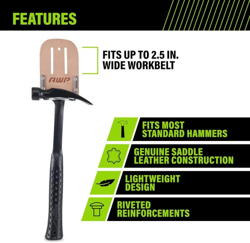 Vista 2 de AWP Soporte de cuero para martillo, accesorio genuino de cuero de silla de montar para cinturón de herramientas, se adapta a cinturones de trabajo
