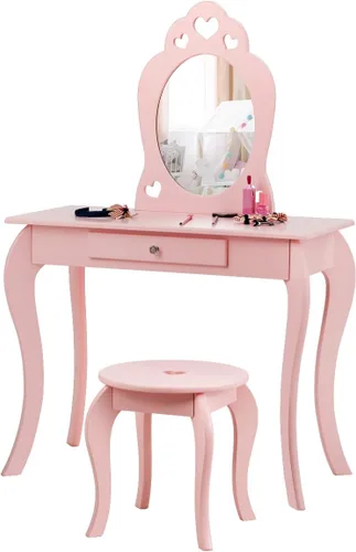 GLACER Juego de mesa y silla para niños, tocador de maquillaje con espejo y cajón, juego de tocador de princesa de madera 2 en 1 con parte superior