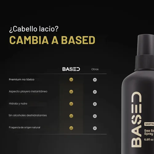 Vista 6 de BASED - Spray de sal marina de acabado natural para cabello, volumen y textura, infundido con algas y vitamina B5, ligero y no graso, sin parabenos