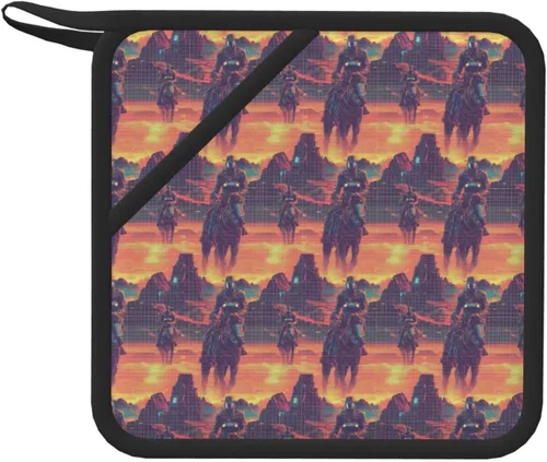 Cyber ​​Retro Western Cowboy Print Pot Holders for Kitchen - Silicone Pot Holders with Hanging Loop, Non Slip Oven Hot Pads, Heat Resistant