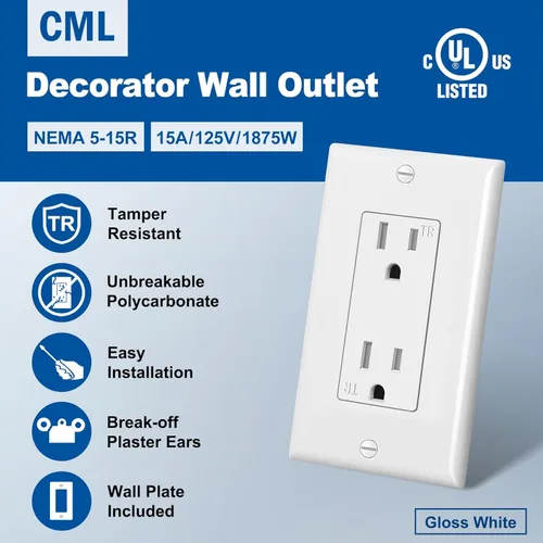 Vista 2 de CML Decorator - Toma de corriente para pared, paquete de 50 tomas eléctricas estándar de 15 amperios, 15 A/125 V, 2 polos y 3 cables, placa de pared
