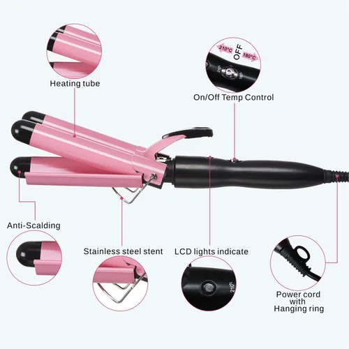 Vista 3 de TOP4EVER 3 Barrel Curling Iron, 1 inch Crimper Hair Tool,Crimping Waver for Women Beach Waves with Two Temperature Settings, Pink