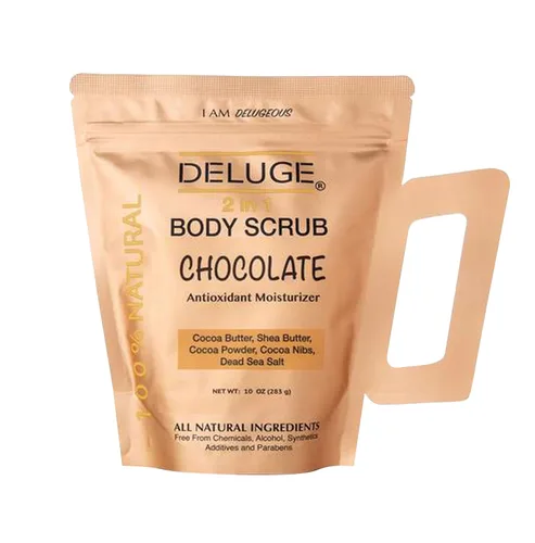 Deluge Exfoliante de chocolate para celulitis y estrías, exfoliante corporal y tratamiento hidratante para celulitis con manteca de karité, aceite