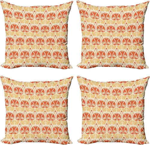 Vista 21 de Ambesonne Art Nouveau Throw Pillow Cover Set of 4, Hand Drawn Old Fashioned Chinese Blooms Leaves Shabby Pattern, Square Cushion Covers Decor for