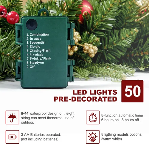 Vista 2 de Guirnalda artificial de Navidad preiluminada de 9 pies con 50 luces LED, funciona con pilas, piñas de pino, bonita bola dorada y roja, bayas