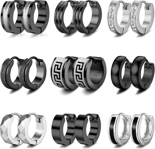 RIOSO 9Pairs Hoop Earrings for Men Stainless Steel Black Men's Hoop Earring