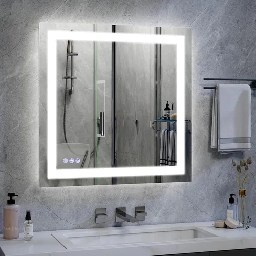 Vista 11 de VooBang Espejo LED de pared con luces, espejo de baño de 24 x 32 pulgadas, botón para ajustar las luces, tres modos de iluminación, vidrio templado