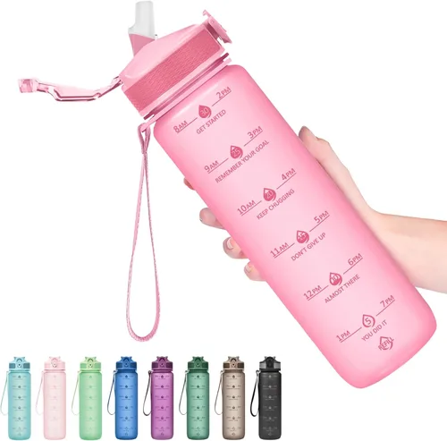 Vista 15 de Hyeta Botellas de agua de 32 onzas con popote, mantente motivado e hidratado con marcas de tiempos convenientes para beber, duraderas, a prueba