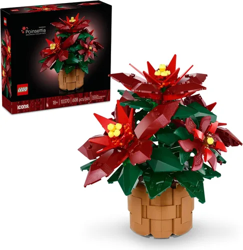 LEGO Icons Poinsettia - Juegos de construcción para adultos, flores artificiales para decoración, flores festivas para centro de mesa - 10370