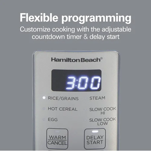 Vista 4 de Hamilton Beach Arrocera Digital Programable y Vaporera de Alimentos, 12 Tazas Cocidas (6 Sin Cocinar), con Funciones de Cocción Lenta y Huevo Azul