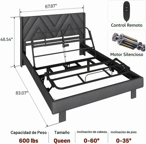 Vista 2 de Softa Estructura de cama queen todo en uno ajustable con cabecero tapizado, cama eléctrica con control remoto y motor silencioso, garantía de 10