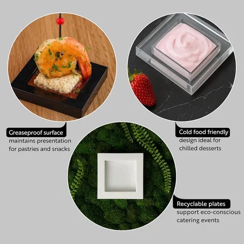 Vista 3 de Restaurantware Platos de postre de 2.5 x 2.5 pulgadas, 100 platos desechables para aperitivos, para alimentos fríos, mini platos de plástico negro