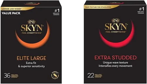 SKYN Elite - Condones grandes de 36 unidades y SKYN extra tachonados, 22 unidades, ultra finos sin látex