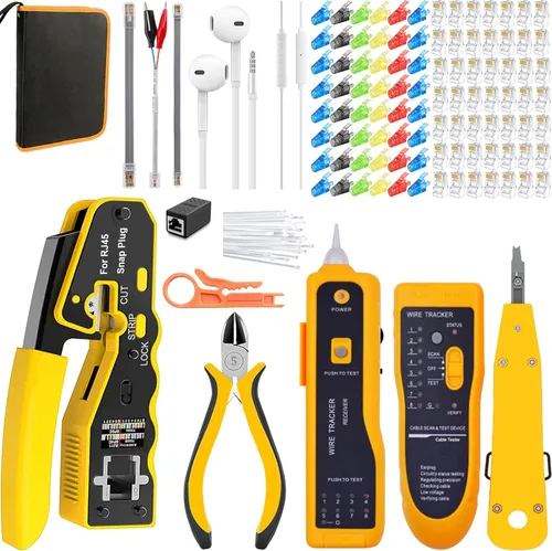 Vista 9 de LEATBUY - Herramienta de crimpado CAT5 CAT6, kit de herramienta de crimpado RJ45, 50 conectores LAN Ethernet de paso RJ45, 50 cubiertas, probador