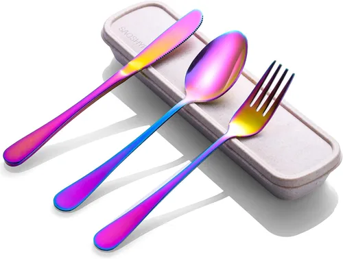 Vista 7 de Juego de utensilios portátiles con estuche, 4 cubiertos reutilizables de acero inoxidable para el almuerzo, camping, escuela, picnic, lugar