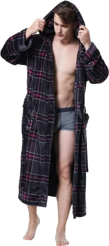 Vista 10 de KEMUSI Bata suave tipo herringbone con capucha para hombre, bata de spa de longitud completa, cómoda y cálida de noche Negro