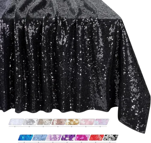 Vista 37 de QueenDream Mantel rectangular de lentejuelas sin costuras de 90 x 132 pulgadas, color negro, para Navidad, boda, cumpleaños, Halloween