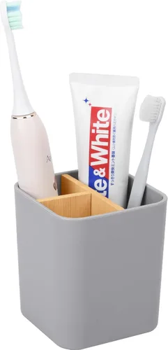 Vista 15 de Soporte de bambú para cepillos de dientes para baños, 3 ranuras para cepillos de dientes y pasta de dientes, organizador de mostrador de baño