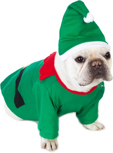 Vista 5 de Impoosy Disfraz de elfo para perro, ropa de Navidad, camisa de Navidad para cachorros con sombrero para perros pequeños a grandes, gatos (XL)