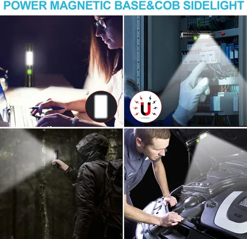 Vista 2 de Linterna recargable, linterna LED súper brillante con luz lateral COB, zoomable, impermeable, 4 modos, linterna táctica para camping, emergencia