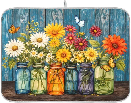 Vista 23 de Linda alfombrilla de secado de platos con hongos y plantas silvestres para encimera de cocina, almohadilla absorbente de microfibra, mediana 16x18