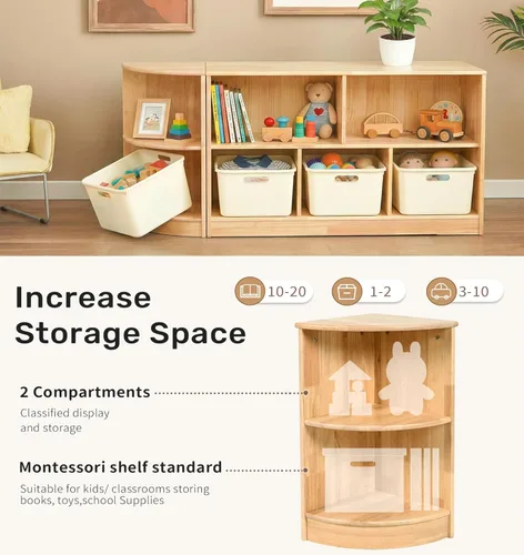 Vista 3 de WINGYZ Rubber Wood Corner Cabinet, 2-Tier Montessori Shelf, 2 Shelf Bookcase Toy Storage Organizer, Montessori Bookshelf for Kids Rooms, Classroom