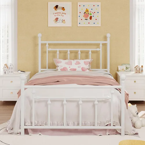 Vista 12 de SHA CERLIN Marco de cama de plataforma de metal de tamaño matrimonial de 14 pulgadas, cabecera y estribo victorianos/base de colchón de listones