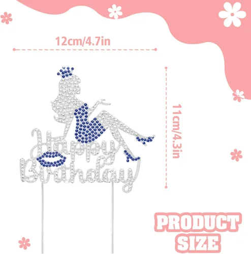 Vista 2 de LINGTEER Decoración de pastel con diamantes de imitación de «Happy Birthday», diseño de corona, reina y dama, decoración de centro de mesa de Azul