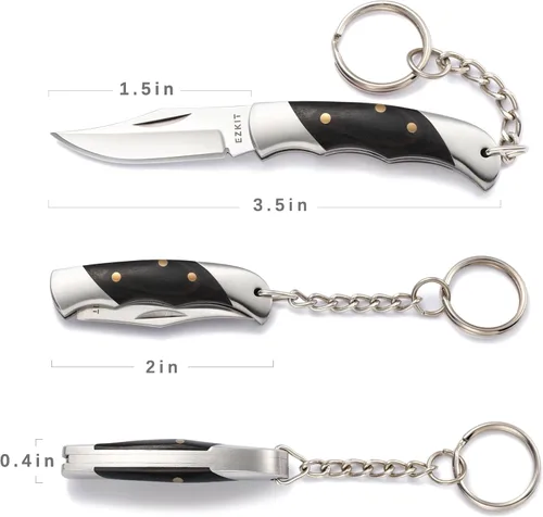 Vista 2 de Cuchillo de bolsillo pequeño, cuchillo EDC con mango de acero inoxidable y madera, pequeño cuchillo plegable, longitud de la hoja 1.5 pulgadas