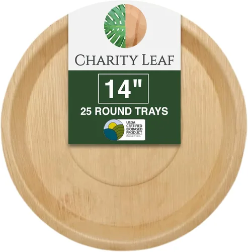 Vista 11 de Charity Leaf Bandejas redondas desechables de hoja de palma de 13 pulgadas de profundidad (10 piezas) Platos de servir tipo bambú, tablas