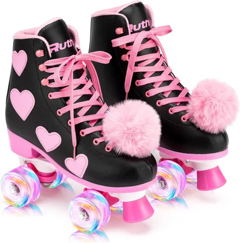 Vista 2 de Ruthfot Patines clásicos para mujeres y niñas con ruedas iluminadas y patrón de corazón de amor, patines de cuero PU de caña alta..