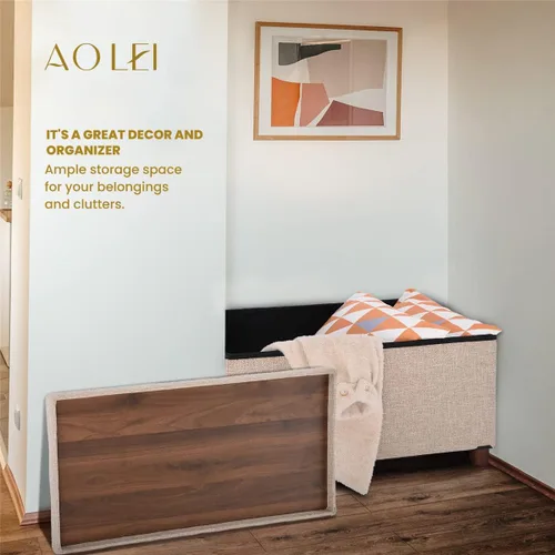 Vista 16 de Banco otomano de almacenamiento de 30 pulgadas, gris recto, moderno, estilo clásico, tela de lino, patas de madera de nogal