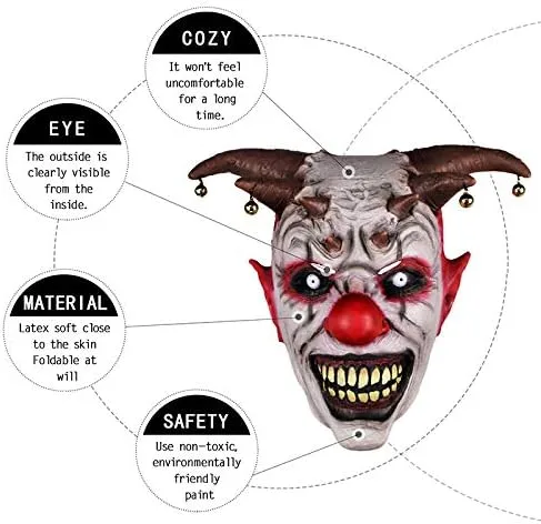 Vista 4 de MOLEZU Jingle Jangle - Máscara de payaso para Halloween disfraz de payaso de terror máscara de payaso aterrador cara de látex
