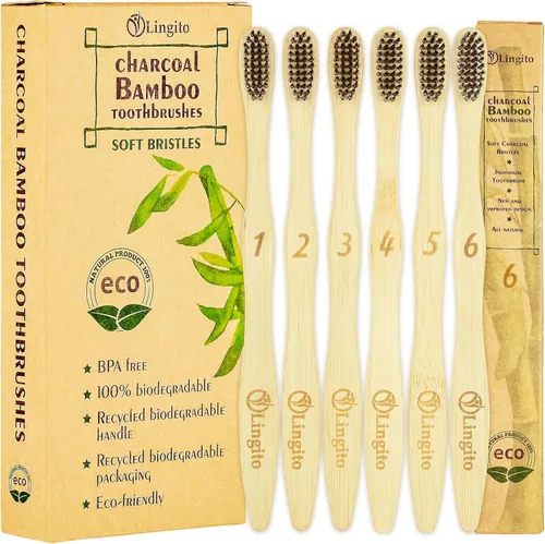 Vista 8 de Lingito Cepillos de dientes de bambú natural, cerdas suaves sin BPA, respetuosos con la naturaleza, paquete de cepillos de dientes naturales