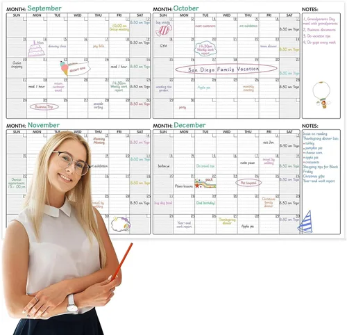 Calendario grande de borrado en seco, calendario de pared de 4 meses sin fecha, borrado en seco, 52 x 36 pulgadas, calendario grande para pared con