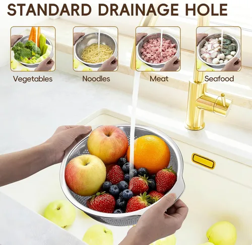Vista 5 de GOLDEN KEY Juego de 3 coladores de acero inoxidable para cocina, 3 cuartos de galón, 4 cuartos de galón, 5 cuartos de galón, colador de varios