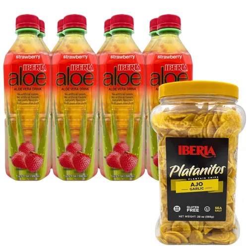 Iberia Chips de plátano y ajo, 20 onzas + bebida de jugo de aloe vera Iberia sabor fresa, 16.9 onzas líquidas, paquete de 8