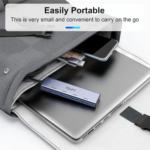 Vista 7 de Hub USB 3.0, divisor USB TSUPY con 5 puertos USB y cable extendido de 4 pies, concentrador de datos de aluminio ultrafino, adaptador multi USB 3.0