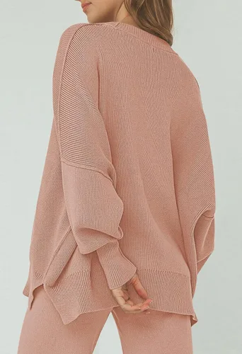 Vista 6 de Pink Queen Conjunto de 2 piezas para mujer, suéter de punto sin botones y pantalones de pierna ancha, conjunto de chándal suelto