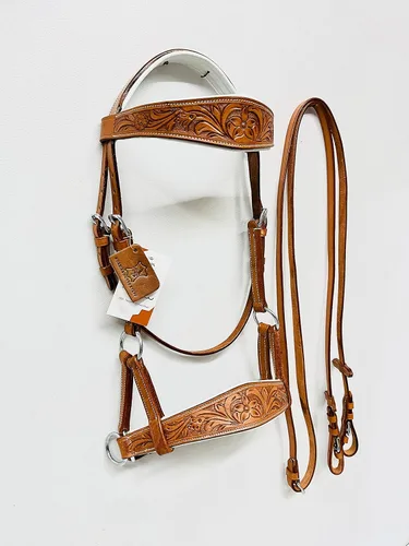 Vista 4 de Sidepull - Brida sin mordazas con tallado a mano de diseñador en banda de cejas y banda de nariz ovalada