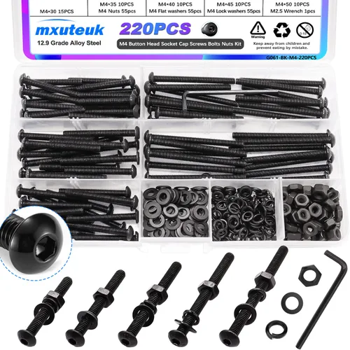 Vista 13 de mxuteuk Juego de tornillos M5 de 185 piezas, kit de tuercas, pernos y tornillos de cabeza hexagonal M5, pernos de acero de aleación de grado 12.9