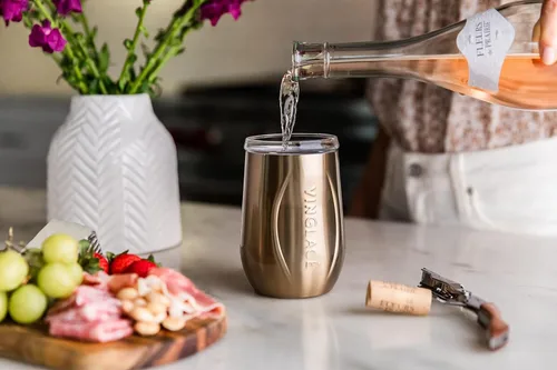 Vista 8 de Vinglacé Vaso de vino de acero inoxidable sin tallo - Vaso de vino aislado con inserción de vidrio y tapa para beber, 10 oz, color cobre
