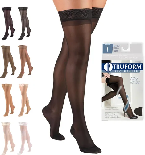 Vista 10 de Truform Medias de compresión transparentes, 15-20 mmHg, longitud alta hasta el muslo para mujer, 20 denier, beige, S