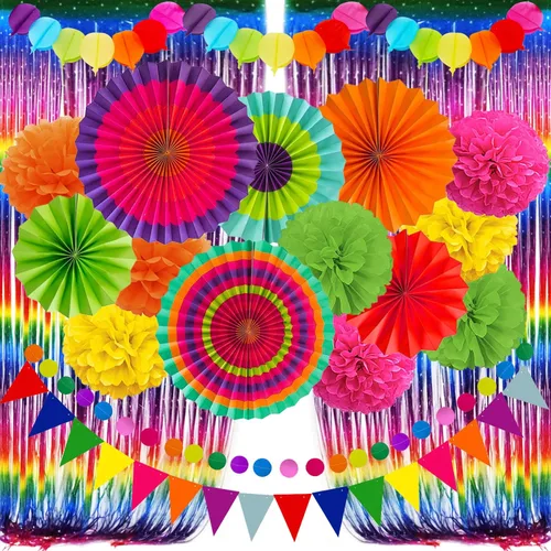 ZERODECO Juego de decoración de fiesta para fanáticos de papel, multicolor, pompones de Cinco de Mayo, guirnalda de banderines, banderines,