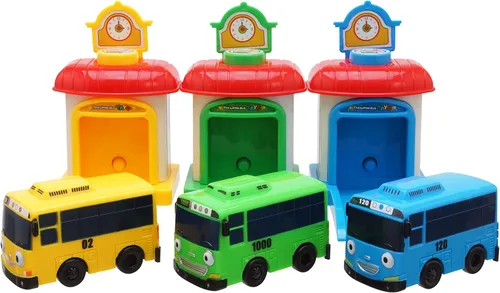 Vista 4 de Tayo pequeño autobús con estación para lanzar autos, set Rogi Tayo Rani