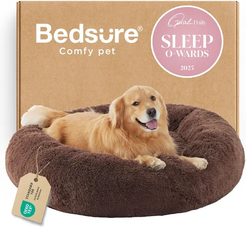 Vista 28 de Bedsure - Cama calmante para perros pequeños y medianos, lavable, con forma de dona, antideslizante, afelpada, esponjosa, pelo sintético, cama