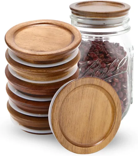 Vista 8 de Paquete de 6 tapas para frascos Mason de boca ancha, tapas reutilizables para enlatado, tapas para frascos Mason de madera de acacia con sello