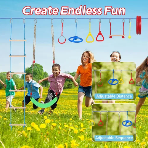 Carrera de obstáculos Ninja Warrior para niños, línea floja duradera de 65 pies con 13 obstáculos, barras de mono, entrenadores de brazos y más,