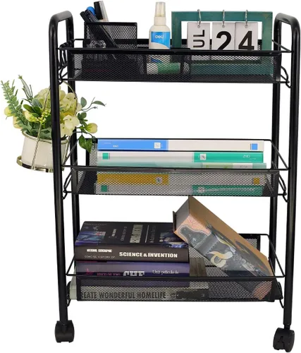 OVICAR Mesh Wire 3 Tier Rolling Cart, Kitchen Storage Utility Cart, Multifunction Basket Stand for Bathroom, Full Metal Storage Art Trolley Carts